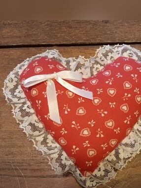 Vintage Red Fabric Heart With Lace Trim. 7"H X 7 1/2"W X 1 1/2"